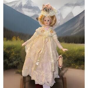 -DOLL Springtime Victorian Ladies Porcelain Doll Blond Blue Eyes Beige Gown